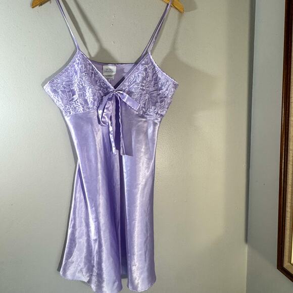 VTG Y2K Secret Treasures Satin Lace Slip Dress | Frost Lilac Tie Front (Size M) - Picture 1 of 9